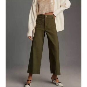 New Anthropologie The Colette Linen Crop Wide-Leg Pants Green 30T Tall